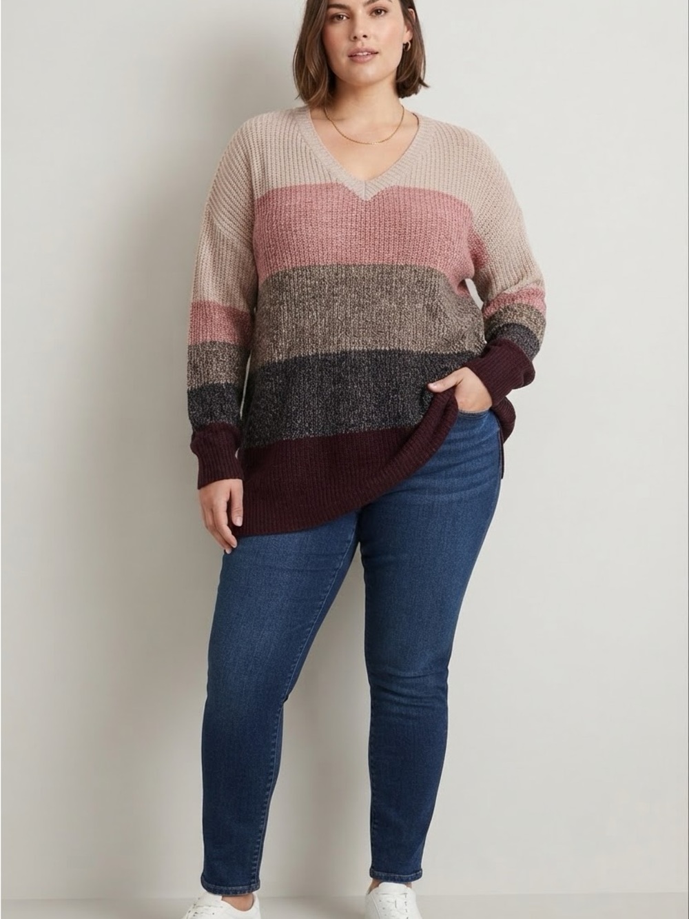 BloomChic Striped V-Neck Sweater in Mauve, Taupe & Burgundy